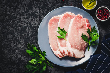 Raw fresh meat slices on plate, dark background. Top view, space for text.