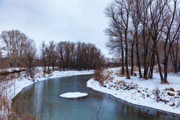 Forest river on a cloudy day at the beginning of winter.