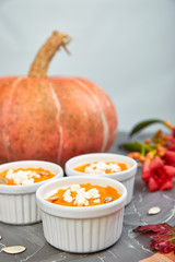 Cream of pumpkin soup or souffle. Thanksgiving Day.