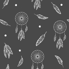 Vector monohrome hand draw illustration seamless pattern  dreamcatcher with feathers 