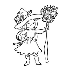 Cute little witch with a broom. Vector illustration.