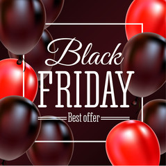 Black Friday Sale Poster with Shiny Balloons on Black Background with Square Frame. Vector illustration.