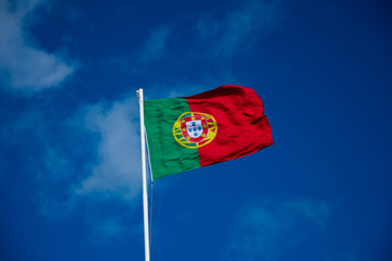 Flag of Portugal, a rectangular bicolour with a field unevenly divided into green on the hoist, and red on the fly (Bandeira de Portugal) Lisbon, Portugal