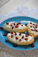 Bruschetta with cottage cheese and dried cranberries over light wooden background