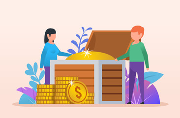 People stand near big treasure chest. Man and woman stare at golden coins. Rich, wealth. Flat design vector illustration