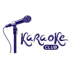 Karaoke club inscription, nightlife entertainment conceptual vector emblem created using recorder microphone audio device.