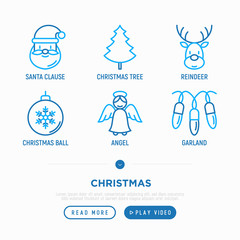 Christmas thin line icons set: Santa Claus, Christmas tree, reindeer, ball, angel, garland. Modern vector illustration.