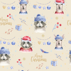 Set of Christmas Woodland Cute forest cartoon deer and cute raccoon animal character. Winter set of new year floral elements, bouquets, berries, fllowers, snow and snowflakes, lettering