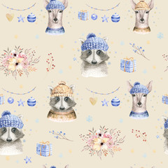 Set of Christmas Woodland Cute forest cartoon deer and cute raccoon animal character. Winter set of new year floral elements, bouquets, berries, fllowers, snow and snowflakes, lettering