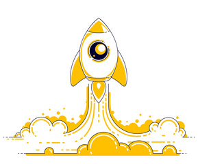 Rocket launch into undiscovered space. Explore universe, breathtaking space science. Thin line 3d vector illustration isolated on white.