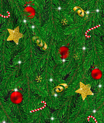 Christmas background with decorated with baubles, stars and lights fir branches. 