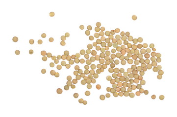 Pile of green lentils isolated on white background, top view