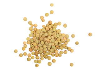 Pile of green lentils isolated on white background, top view