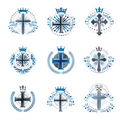 Crosses Religious emblems set. Heraldic Coat of Arms, vintage vector logos collection.