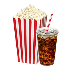 Popcorn in box with cola in takeaway cup on white background