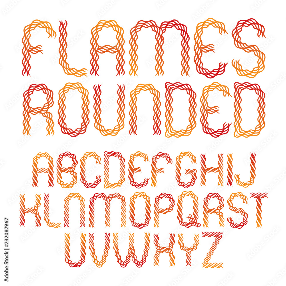 Poster set of vector rounded upper case alphabet letters isolated made with hot flaming design