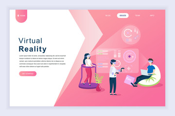 Modern flat design concept of Virtual Augmented Reality for website and mobile website development. Landing page template. People wearing headset with touching vr interface. Vector illustration.