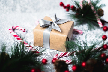 Christmas present with grey ribbon 