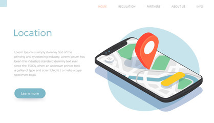 Flat isometric navigation mobile map application with location pin on screen smartphone. Vector concept horizontal banner for landing page template.