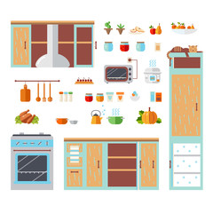 Vector illustration. Flat style kitchen interior, kitchenware, cute character and cooking different food. Icons of cat, fridge, multicooker microwave, oven, dishes, fruit, pumpkin, ice cream, cake.