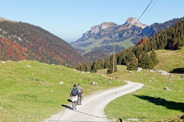Fototapeta na wymiar Tourists hiking in sunny, last summer days, Appenzeller Sämtis valley with view of Hoher Kasten cable car station and aerial - Furgglenalp, Alpstein, Appenzell Alps, Switzerland