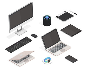 Modern device isometric set. Laptop,  computer, tablet, smart watch, wireless charger, speaker, keyboard and mouse, smartphone. Isolated icon