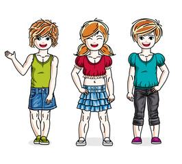 Little girls cute children group standing in stylish casual clothes. Vector diversity kids illustrations set. Childhood and family lifestyle clip art.