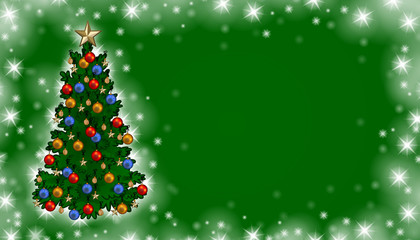 Green christmas postcard background with decorated tree / vector