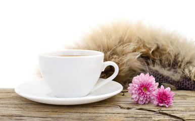 Sweater, a cup of coffee,flowers