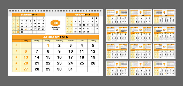Calendar template for 2019 years. Set of 12 calendar pages vector design print template with place for your logo. Simple orange background. Week starts on Sunday