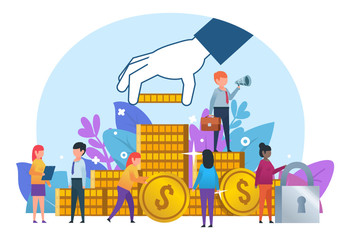 Small people standing near big stack of golden coins, big hand holds coin. Financial success, income, savings growth. Flat design vector illustration