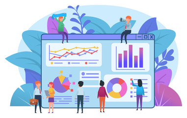 Small people working around big page with various infographics. Data analysis. Poster, card for presentation, web page, banner, social media. Flat design vector illustration