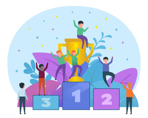 Small people stand on pedestal, big golden cup, winner, celebration. Poster, card for presentation, web page, banner, social media. Flat design vector illustration