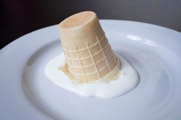 inverted waffle ice cream in a white plate, lots of sugar, obesity, diabetes