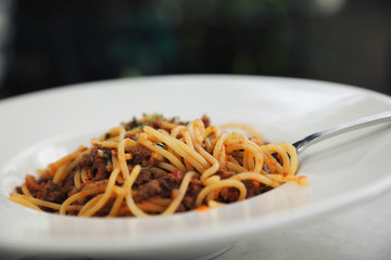 spaghetti Bolognese with minced beef and tomato sauce garnished with parmesan cheese and basil , Italian food