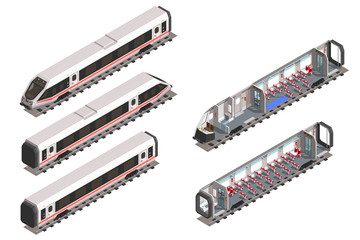 Isometric train scheme interior of passenger seats. Isolated vector modern fast train. 