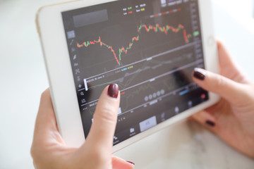 Female hand with tablet trading stock online in coffee shop , Business concept