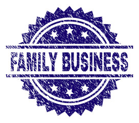 FAMILY BUSINESS stamp seal watermark with distress style. Blue vector rubber print of FAMILY BUSINESS tag with dirty texture.