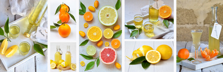 Banners set of citrus fruits and alcohol drinks. Fresh organic juicy fruit - mandarin, lemon,...