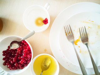 Остатки после завтрака на столе.