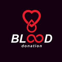 Blood donation inscription isolated on white and created with vector red blood drops, heart shape and infinity symbol. Medical theme graphic logo for use in charitable organizations.