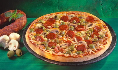 PEPPERONI, OLIVE AND MUSHROOM PIZZA