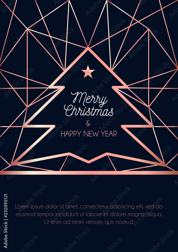 Wall mural Luxury Christmas greeting card or banner design template. Rose gold geometric lines background for holidays.