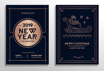 New Year party invitation cards with rose gold geometric design and navy blue background. Vector illustration