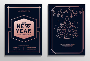 New Year party invitation cards set with rose gold geometric design and navy blue background.