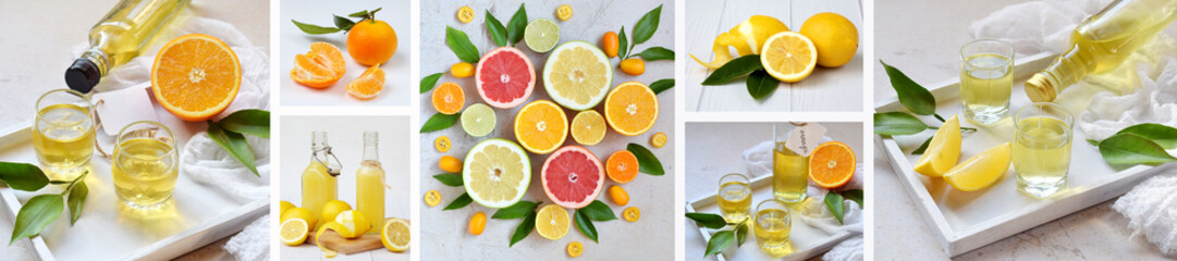 Fototapeta premium Banners set of citrus fruits and alcohol drinks. Fresh organic juicy fruit - mandarin, lemon, grapefruit. Orange flavored liqueur, Italian Limoncello liquor, tangerine tincture.