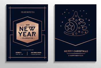 New Year party invitation cards set with rose gold geometric design and navy blue background.