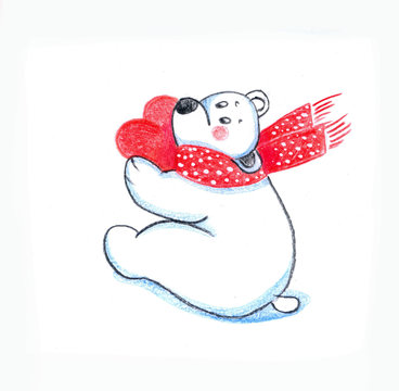 Drawings with colored pencil, New Year's greetings, polar bear, gifts