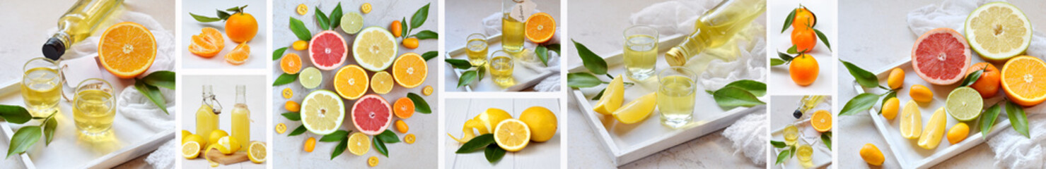 Fototapeta na wymiar Banners set of citrus fruits and alcohol drinks. Fresh organic juicy fruit - mandarin, lemon, grapefruit. Orange flavored liqueur, Italian Limoncello liquor, tangerine tincture.