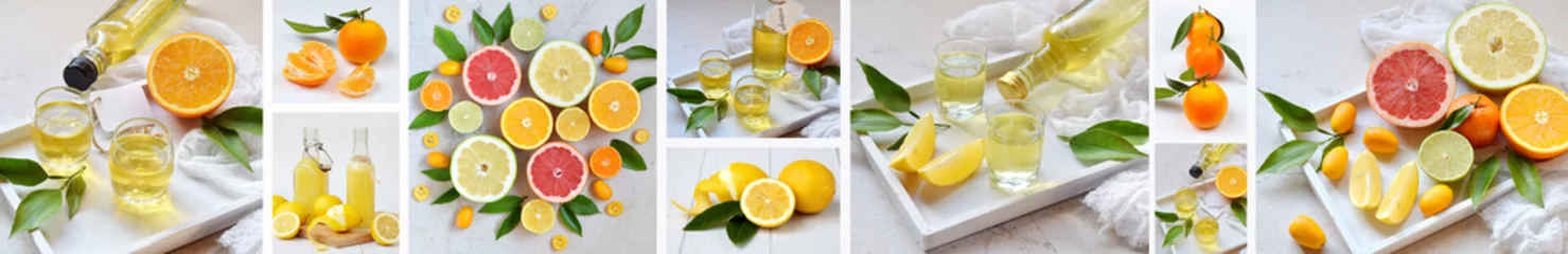 Foto op Plexiglas Banners set of citrus fruits and alcohol drinks. Fresh organic juicy fruit - mandarin, lemon, grapefruit. Orange flavored liqueur, Italian Limoncello liquor, tangerine tincture. © Oksana_S